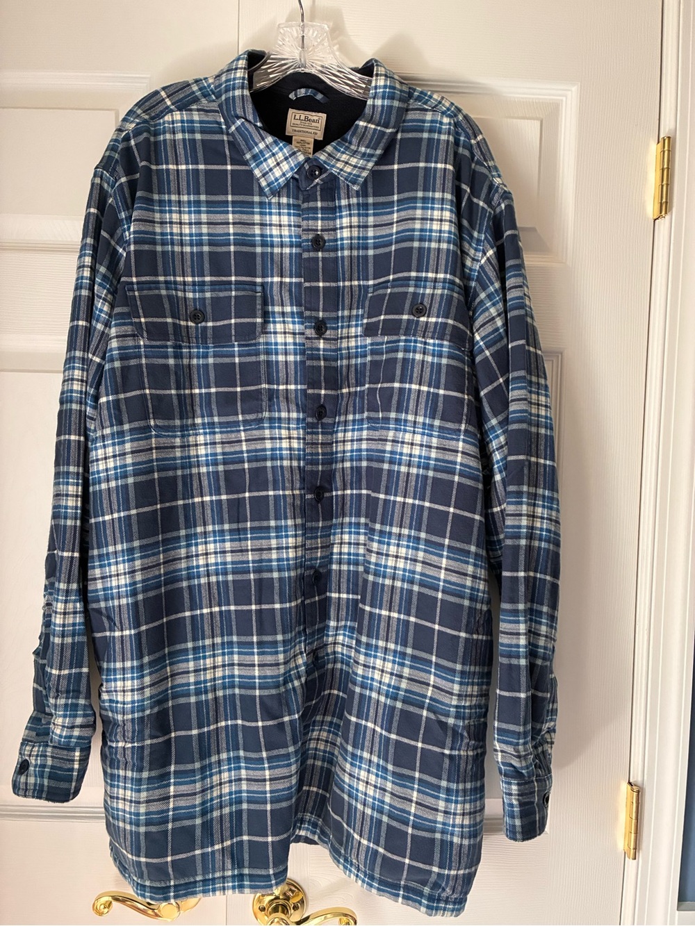 Men’s L.L. Bean Fleece Lined Blue Plaid Flannel Shirt, XXL Tall